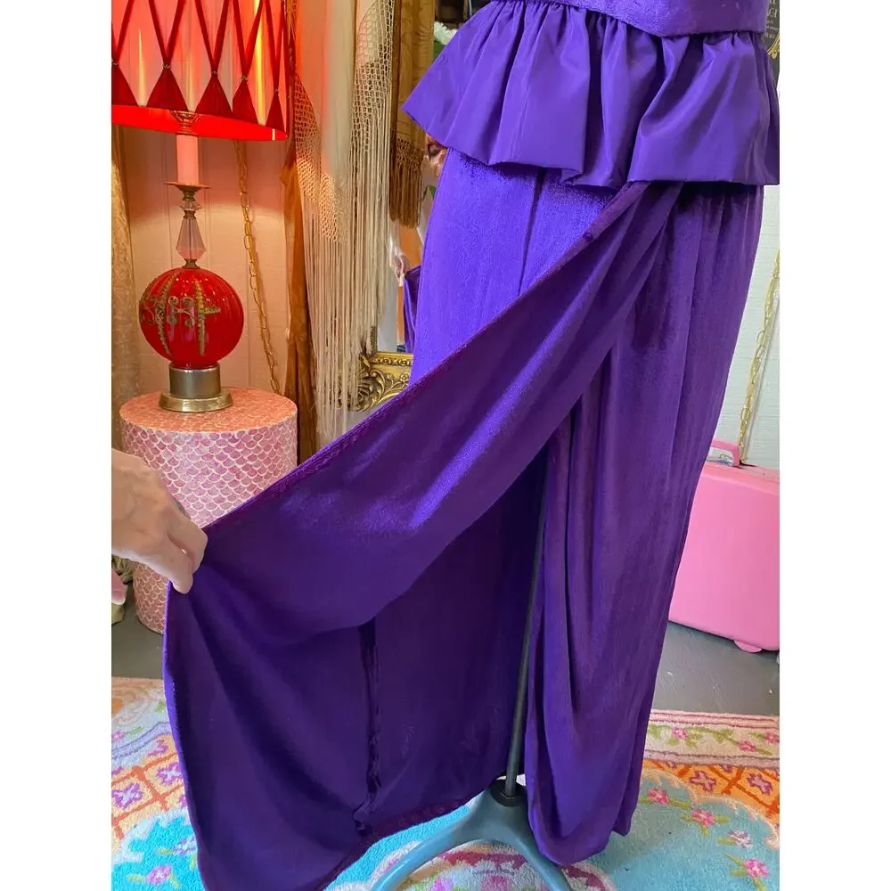 vintage 1970s 3 piece set, purple velvet maxi skirt, peplum bustier, 70s formal